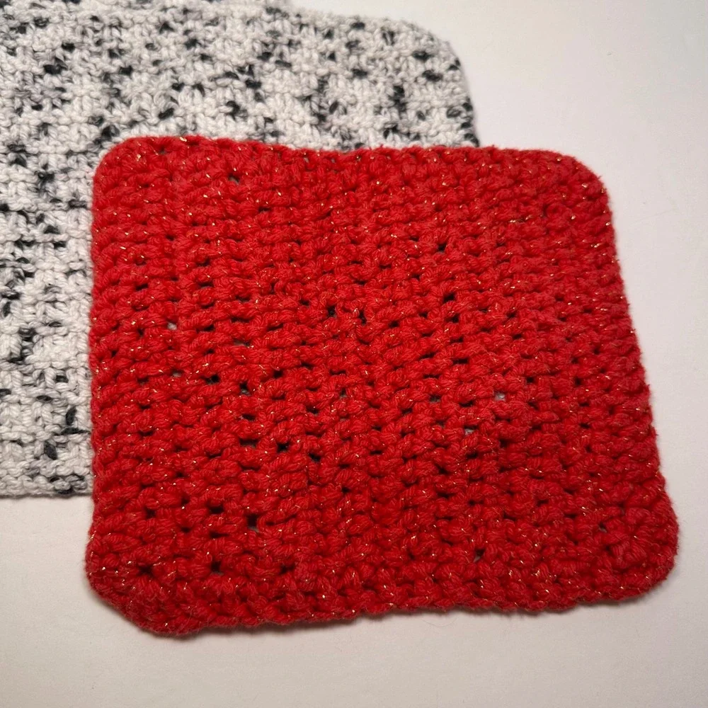 Handmade Crochet Washcloth Set 3pc Red Gold Metallic Black White Marble Textured